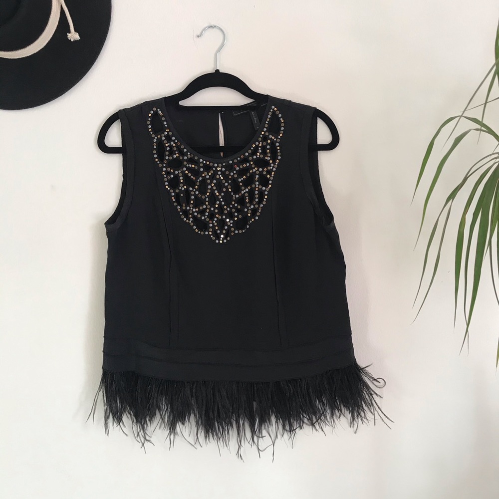 BCBG black silk sequins cut out top feathers M